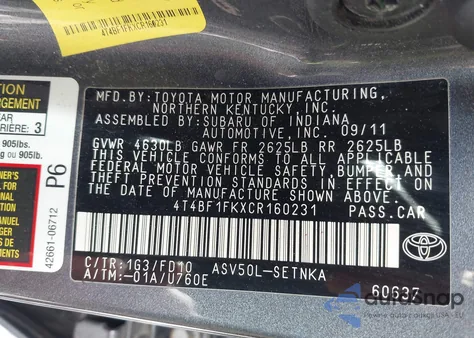 2012 Toyota Camry Le from USA, damaged, VIN 4T4BF1FKXCR160231
